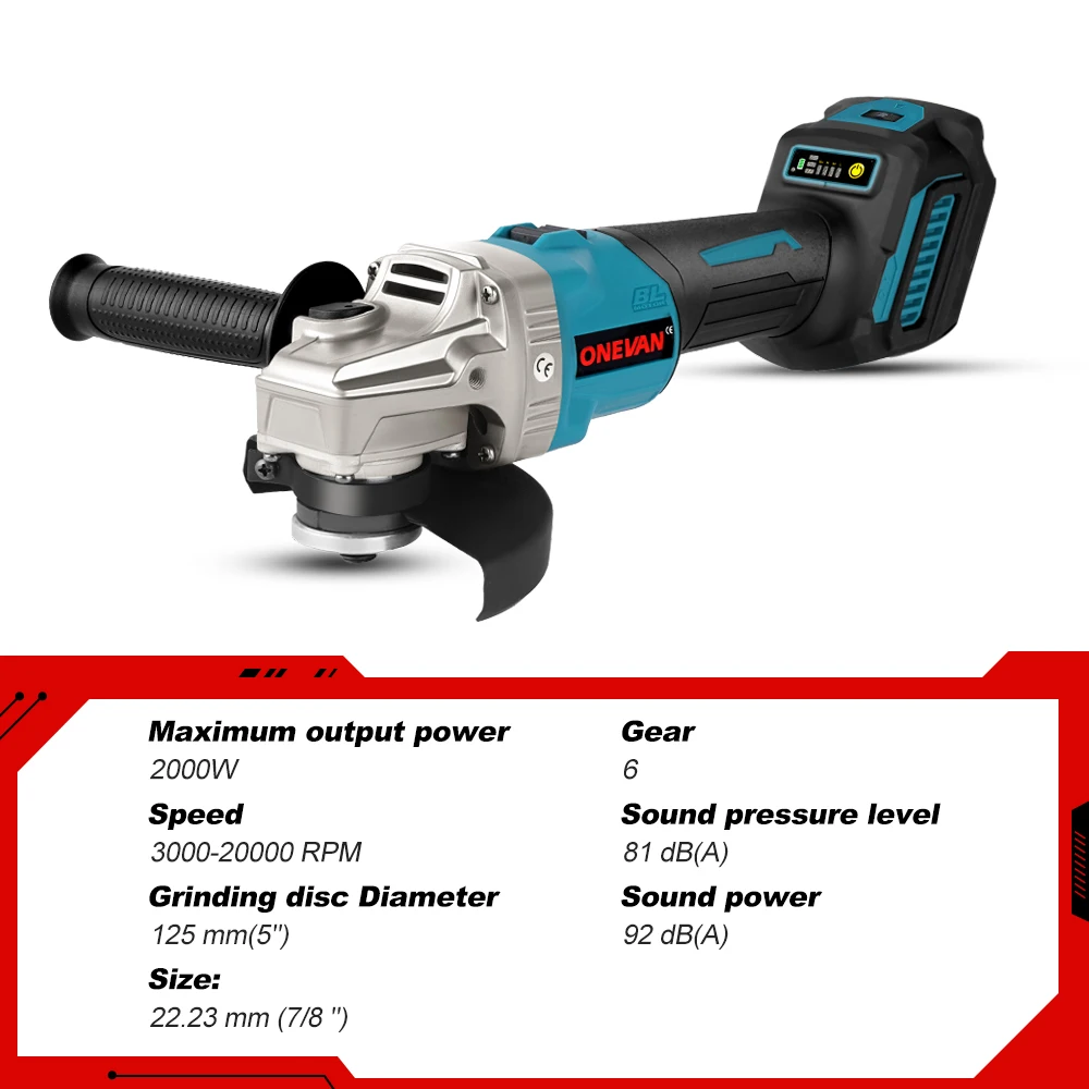 ONEVAN 125mm Brushless Angle Grinder 6 Speed Cordless Electric Polisher Cutting Pipes Machine Power Tool For Makita 18V Battery