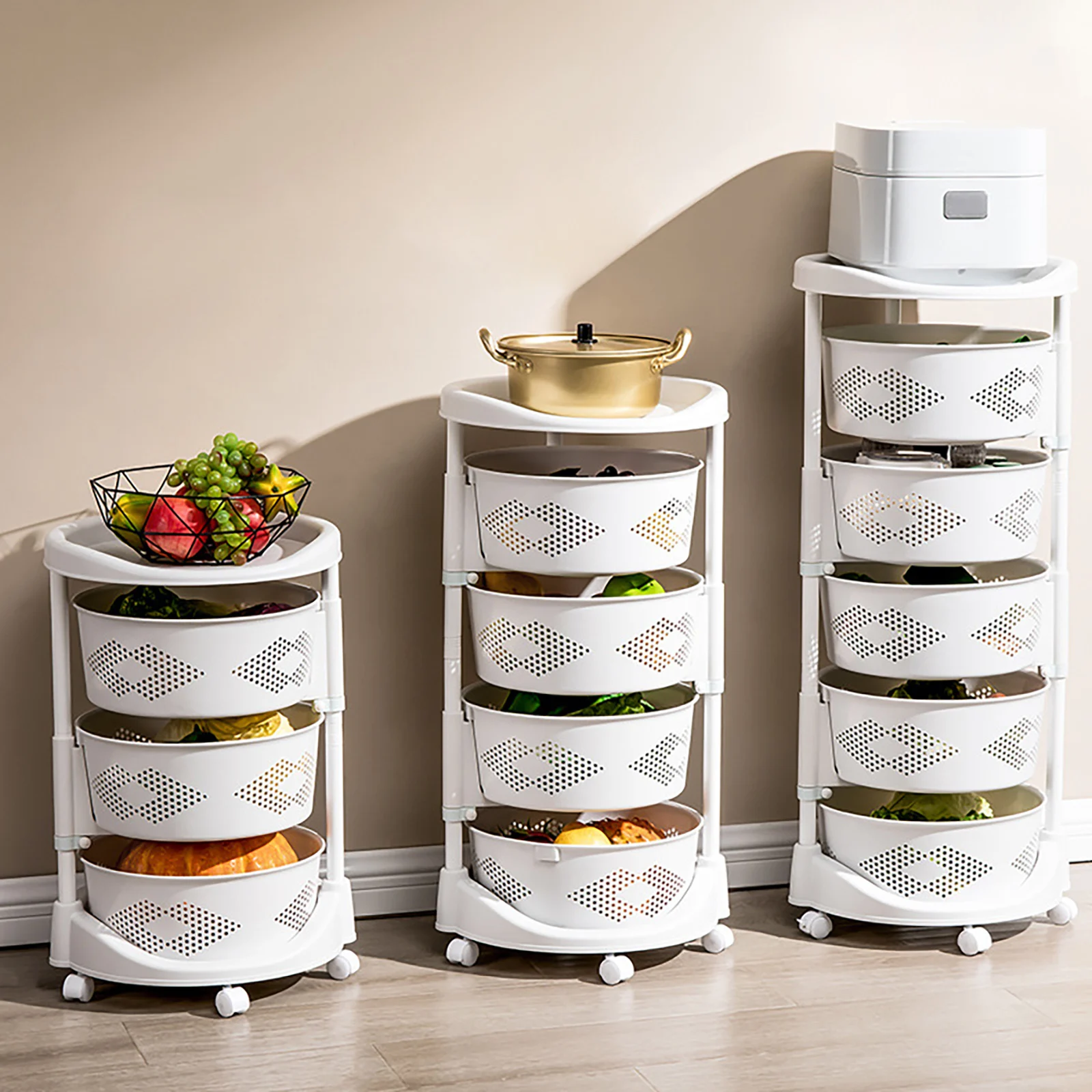 

3/4/5 Tier Rolling Kitchen Organizer White Swivel Vegetable Storage Rack with Lockable Casters