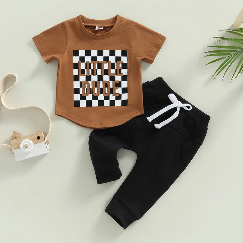 Toddler Boy Summer Clothes Set, Short Sleeve Round Neck Checkerboard Letter Print T-shirt + Elastic Waist Solid Pants