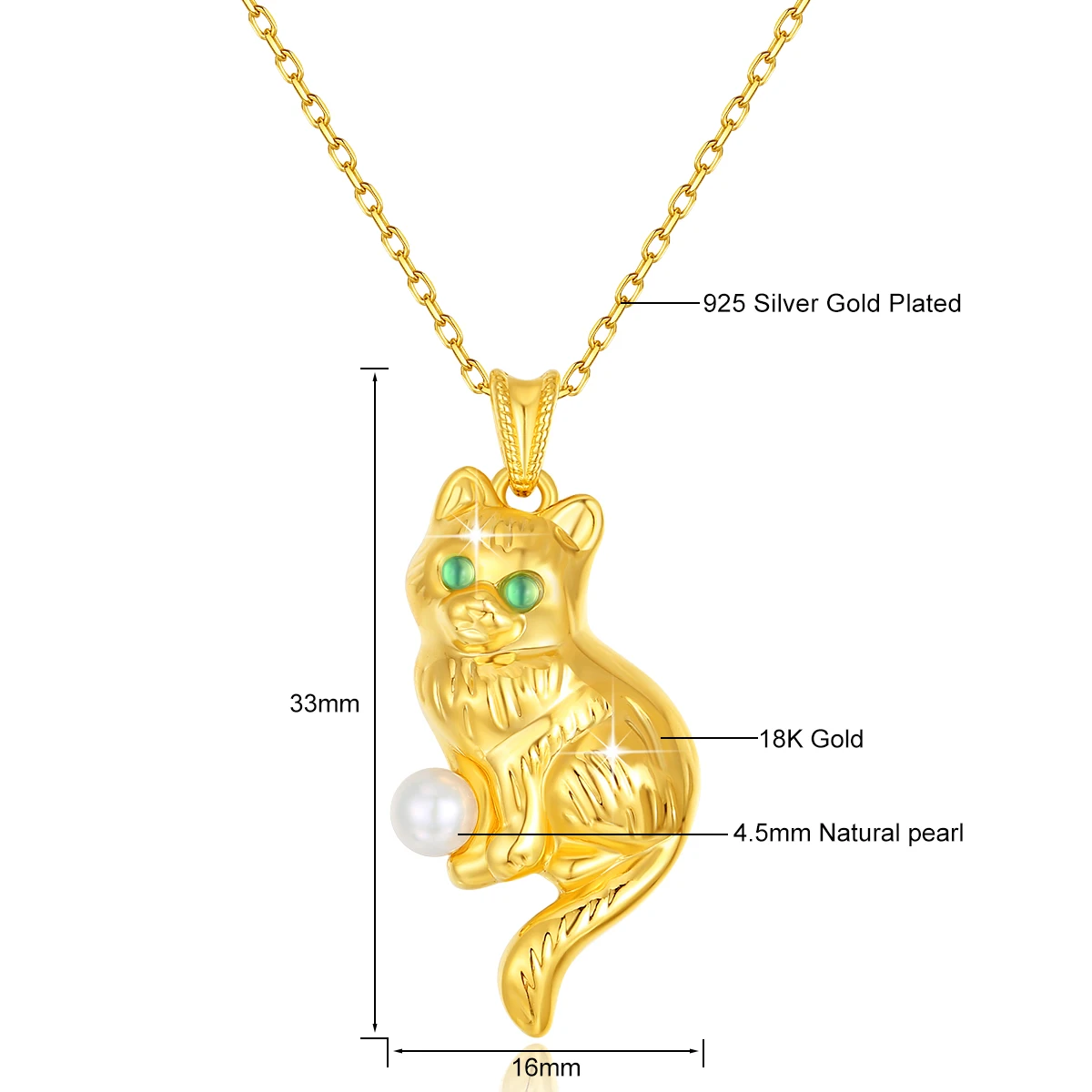 18K Gold Necklace Animal Cat Pendant Round Natural Pearl AU750 Yellow Gold Pendant Women\'s Fine Jewelry Gift With Certificate