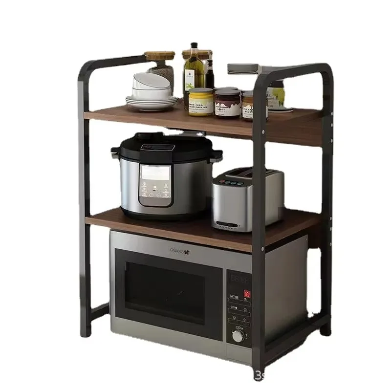Space Saving Multi-Functional Microwave Stand with Wooden Shelves Countertop Organizer for Spice Cookware Oven Toaster Dinnerwar