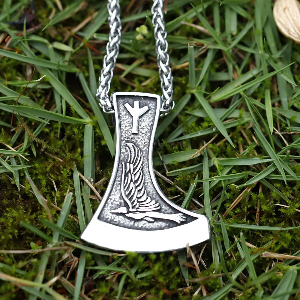 2022 NEW Men\'s 316L stainless-steel Viking Celtic Wolf Raven Axe Pendant Necklace scandinavian Jewelry Gift free shipping