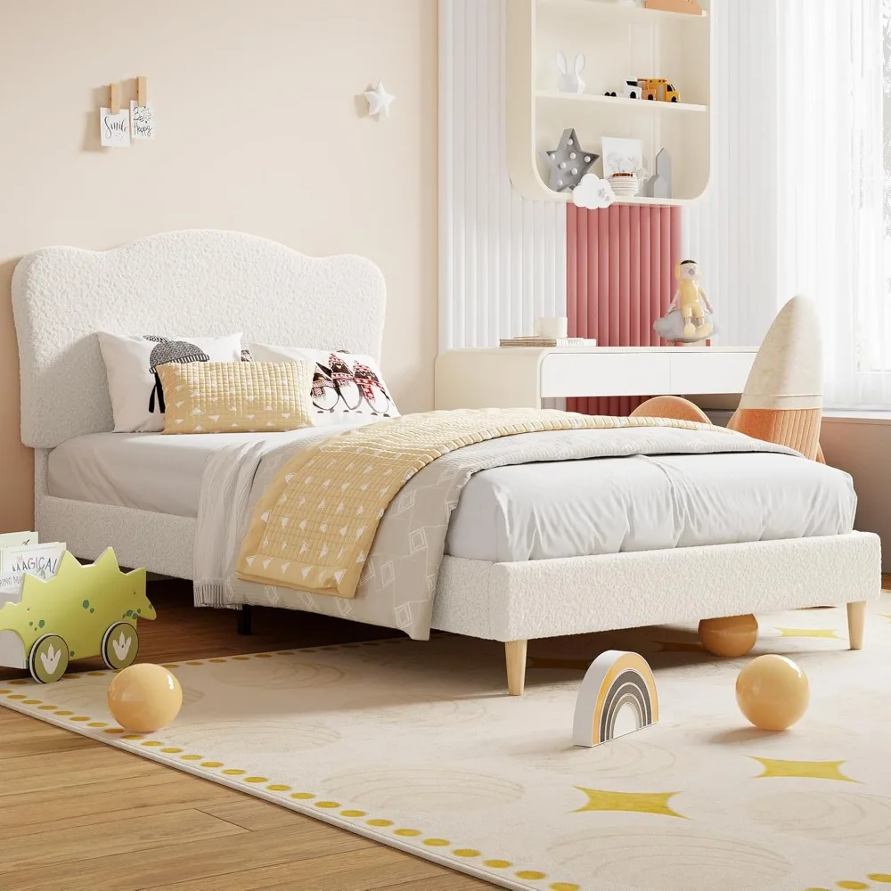 

GarveeHome Upholstered Twin Size Bed Frame for Kids with Scallop Headboard, Cute Velvet Twin Bed for Girls, Boys, Sturdy Platfor