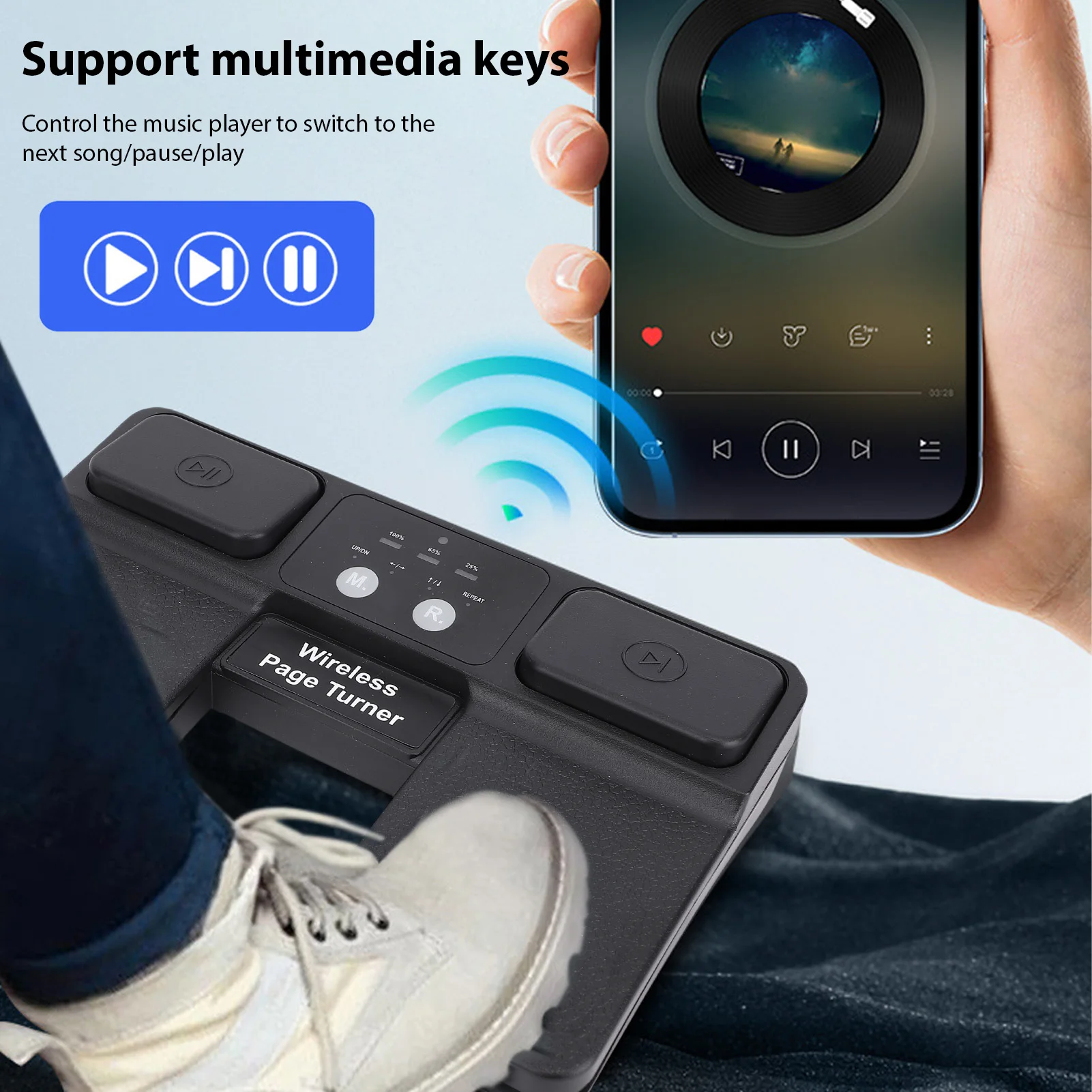 Pedal volteador de página inalámbrico QY102, volteador de página de música portátil BT para Piano, guitarra, tabletas, teléfonos, volteador de página de pie silencioso