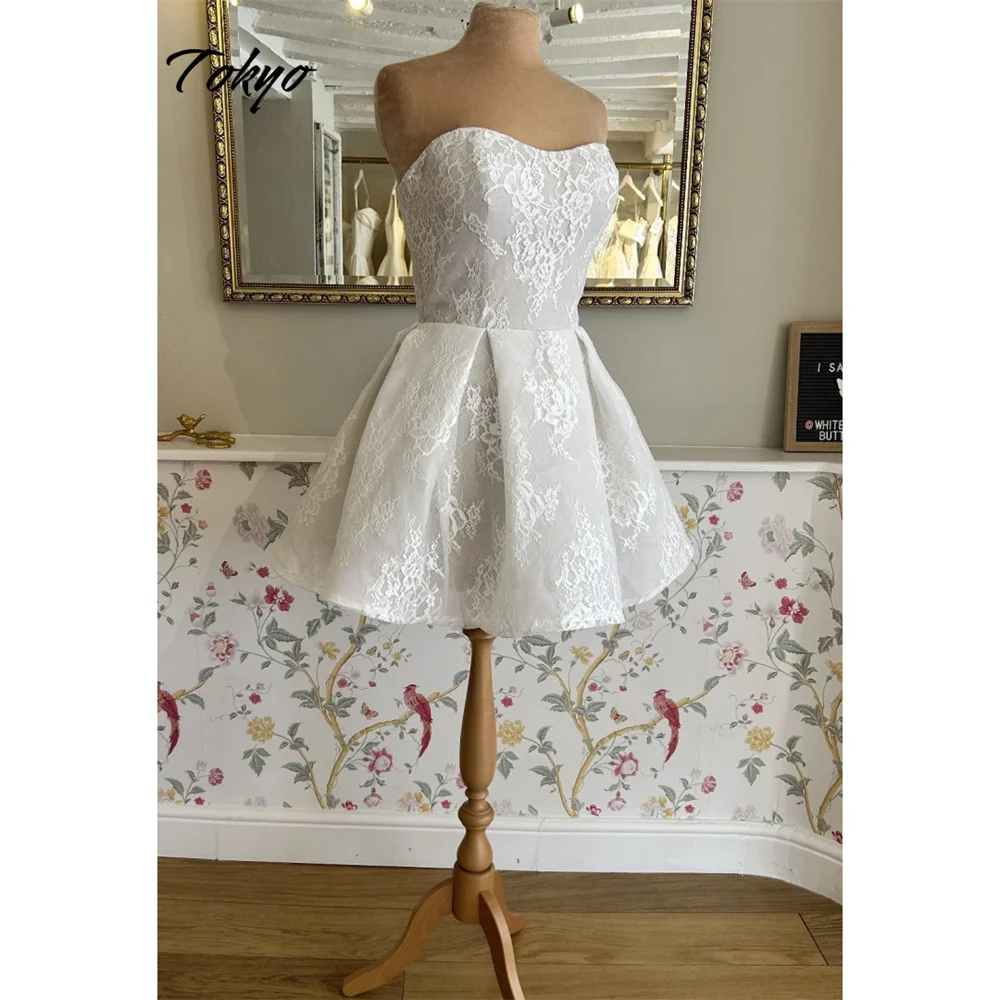 

Tokyo Customized White Strapless Wedding Dresses Sleeveless A-Line Lace Back Zip Bridal Gown 2025 Elegant Mini Wedding Gowns