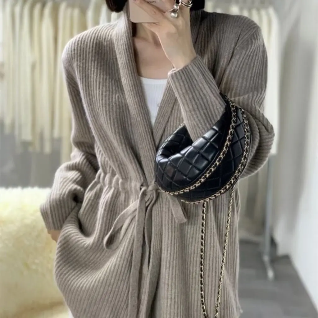 

100% Wool Cashmere Cardigan with Drawstring Belt Knitted Jacket for Women Fashionable Wholesale Item
