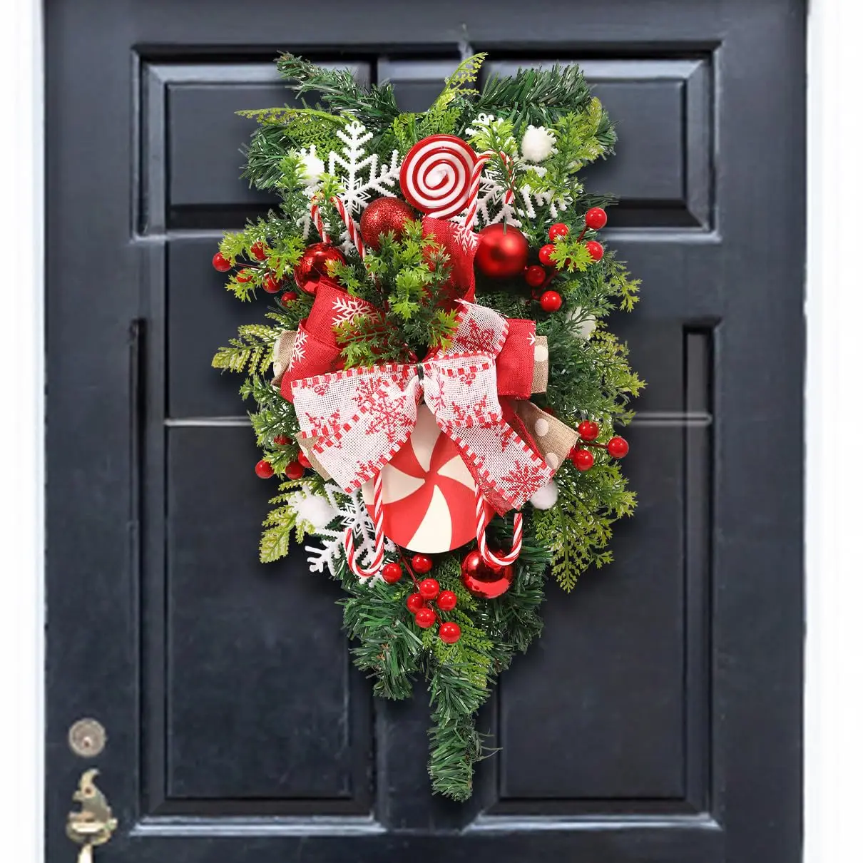 

Christmas Candy Cane Wreath for Front Door Red White Xmas Teardrop Swag Decorations Christmas Garland with Ball Bow Ornaments