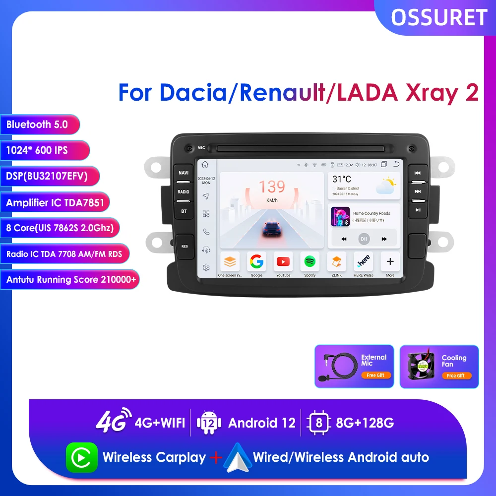 

Android 12 for Renault Logan Dacia Duster Sandero Captur Lada Xray 2 Car Multimedia Player Carplay Bluetooth GPS RDS Radio Stere