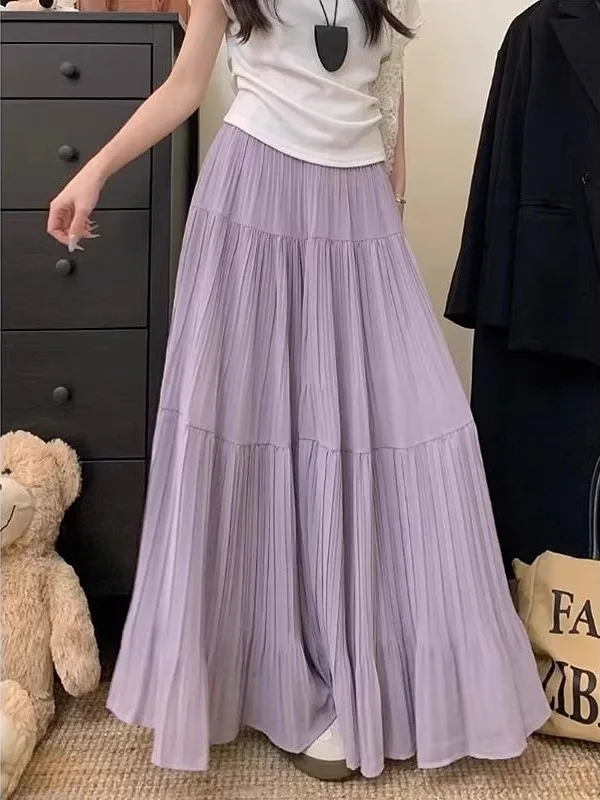 

plus Size Women's Purple Moonlight A-Line Skirt Summer Half-length High Waist Pleated Gauze Tulle Cake Skirt Korean Style