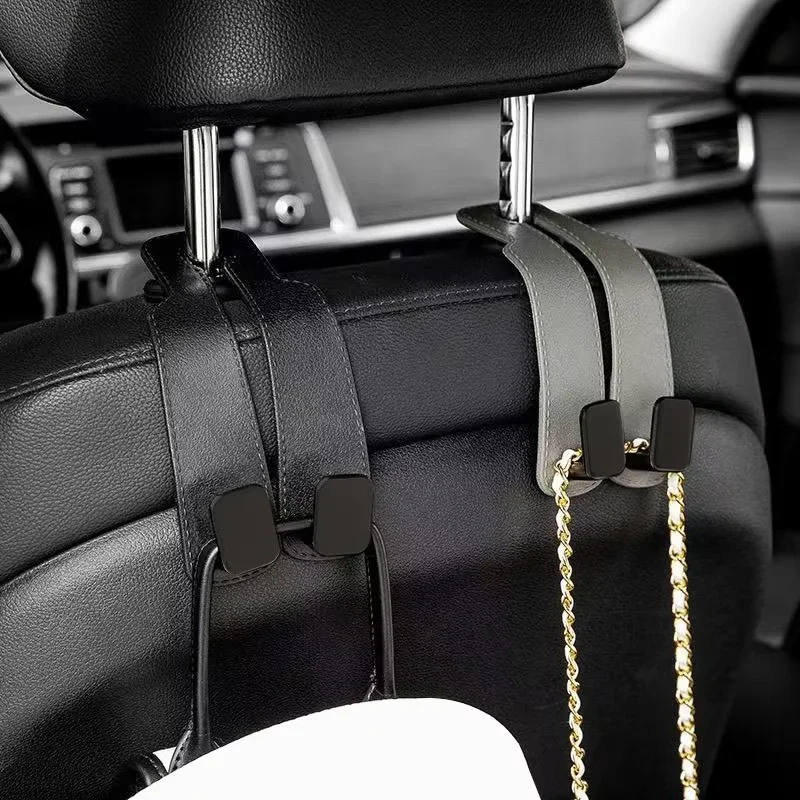 1 unidade de ganchos de couro para encosto de cabeça de carro, organizador para o encosto do assento, prendedor de bolsas, fecho automático, gancho un