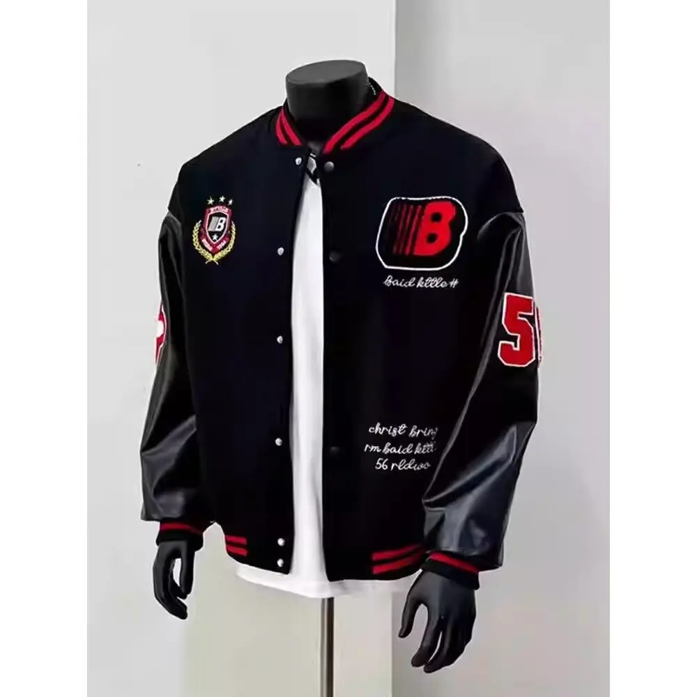 Autumn Winter Large Size 250 Pou Street Sle Embroidered Padded Leather Patchwork Men's Baseball Jaet Outerwear
