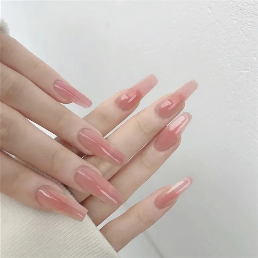 24Pcs/Set Long Design Pink Through Wearing False Nails Tips Full Cover Adhesive Artificial Press on Nails Artificial Fake Nails