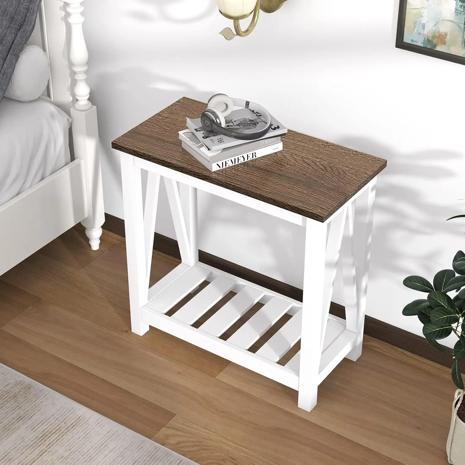 ChooChoo Farmhouse End Table Set of 2, Narrow Side Table with Shelf | Slim Bedside Table ,Small Spaces, Rustic Nightstand, Livin