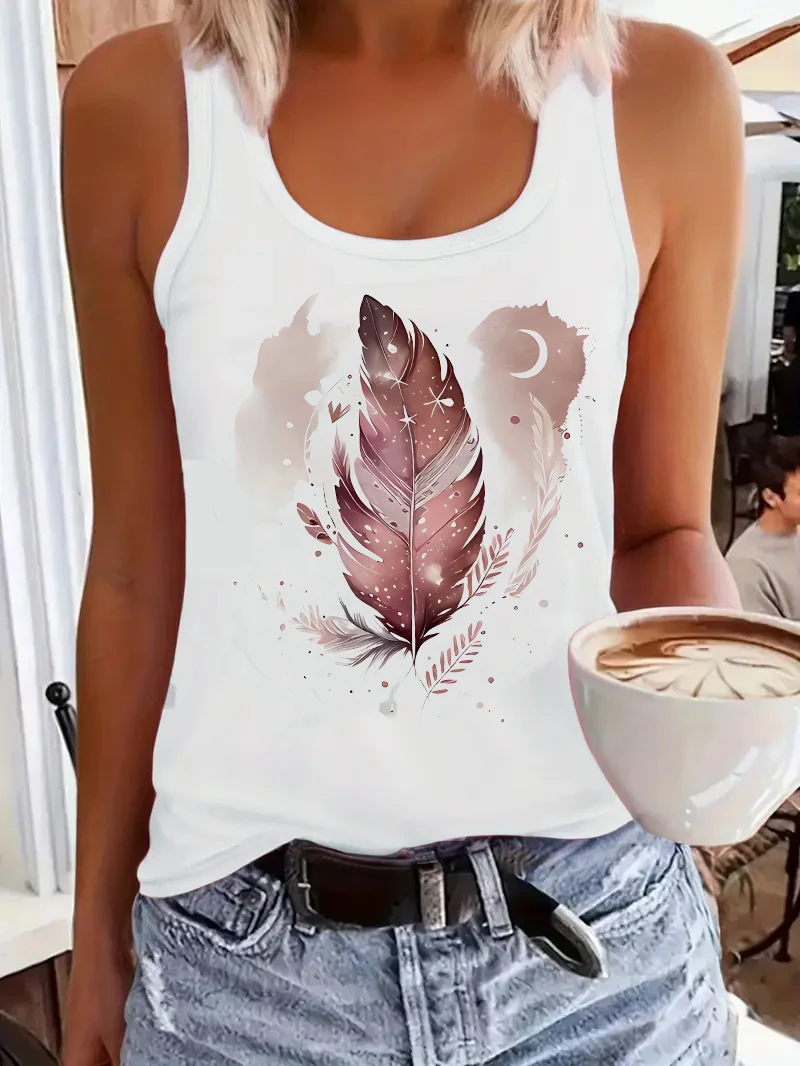 T-shirt Star Moon with Leaf Design Printed Vest Graphic Print Tank Top Women’s Sleeveless Crew Neck Casual Top for Summer Spring