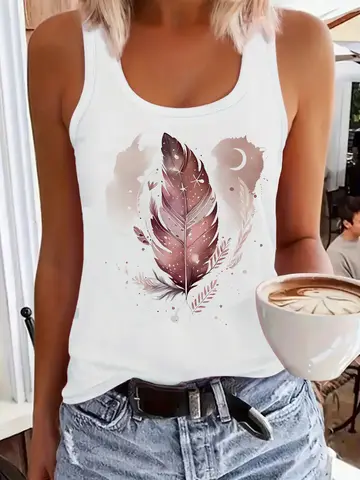 T-shirt Star Moon with Leaf Design Printed Vest Graphic Print Tank Top Women’s Sleeveless Crew Neck Casual Top for Summer Spring