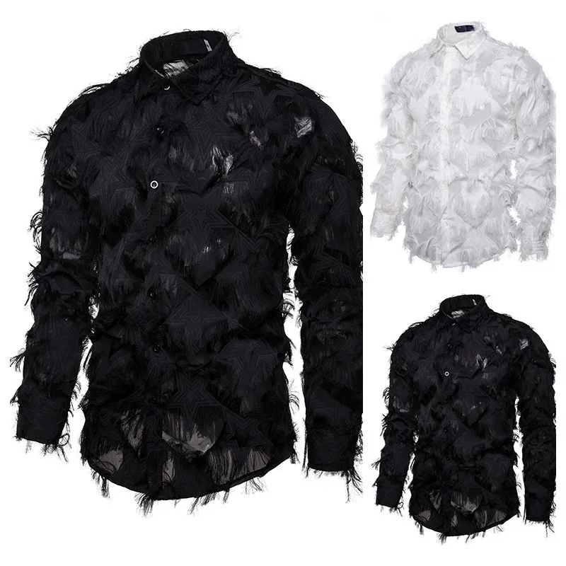 Shirts Men Party Feather Shirt Turn Down Collar Full Sleeve Single Breasted Splice Regular Solid Prom Tops Spring Summer