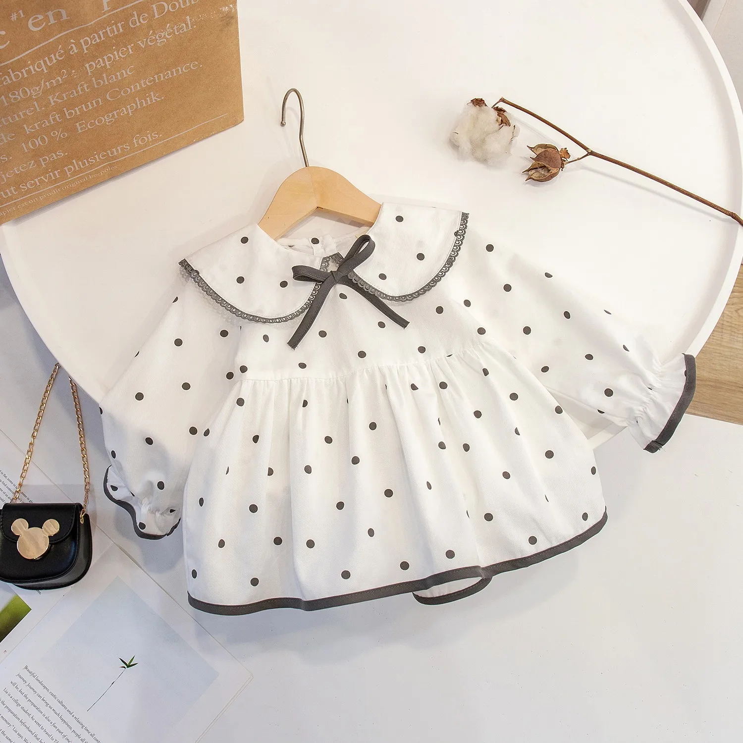 

2025 Spring and Autumn New Girls Polka Dot Han Faner Skirt Sweet Princess Skirt Baby Long Sleeve Doll Shirt Fashion