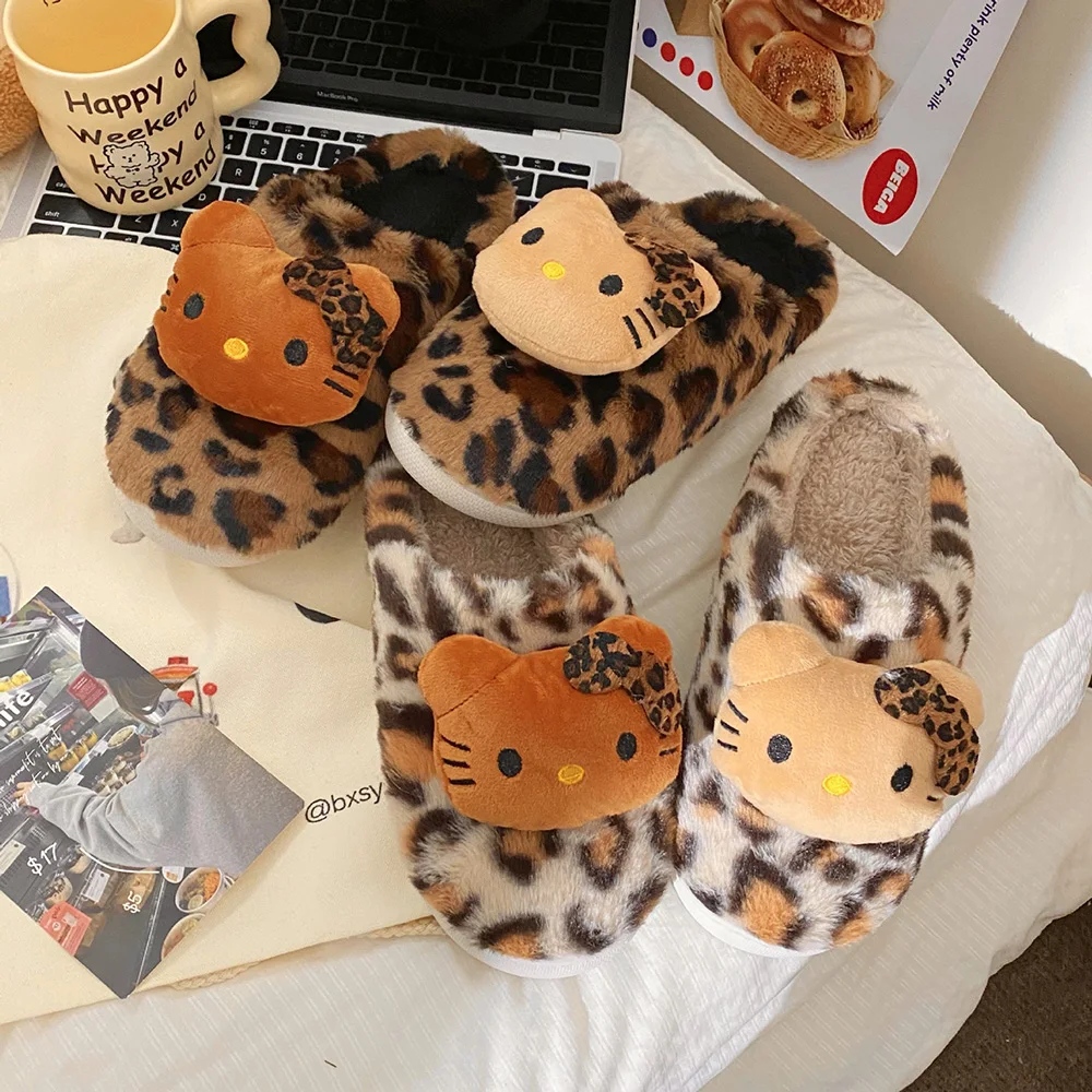 Kawaii Hello Kitty Doll Slippers Sanrio Cartoon Leopard Cotton Slippers Autumn Winter Warm Home Loafer Fashion Thick-Soled Shoes