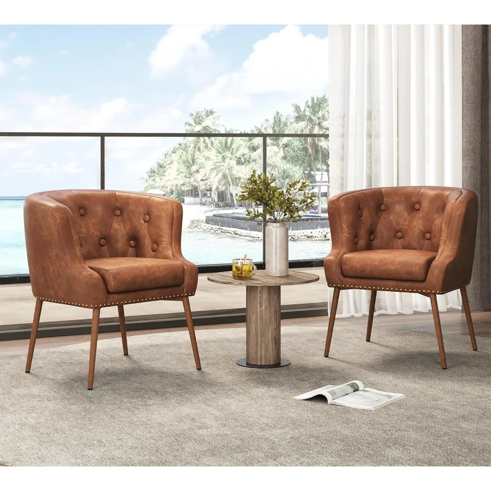 Modern Accent Chair, PU Leather Retro Armchair, Upholstered Barrel Chair with Metal Leg and Comfy Seat Cushion for Liv