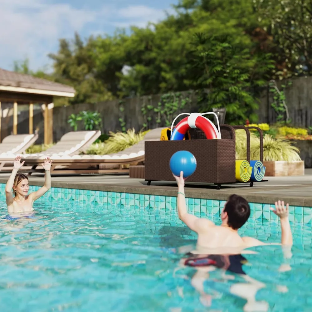 جديد - سلة تخزين عائمة لحمام السباحة من الخيزران البني، علبة حمام السباحة الخارجية من PE Rattan مع عجلات دوارة للعوامات والنودلز والألعاب #2