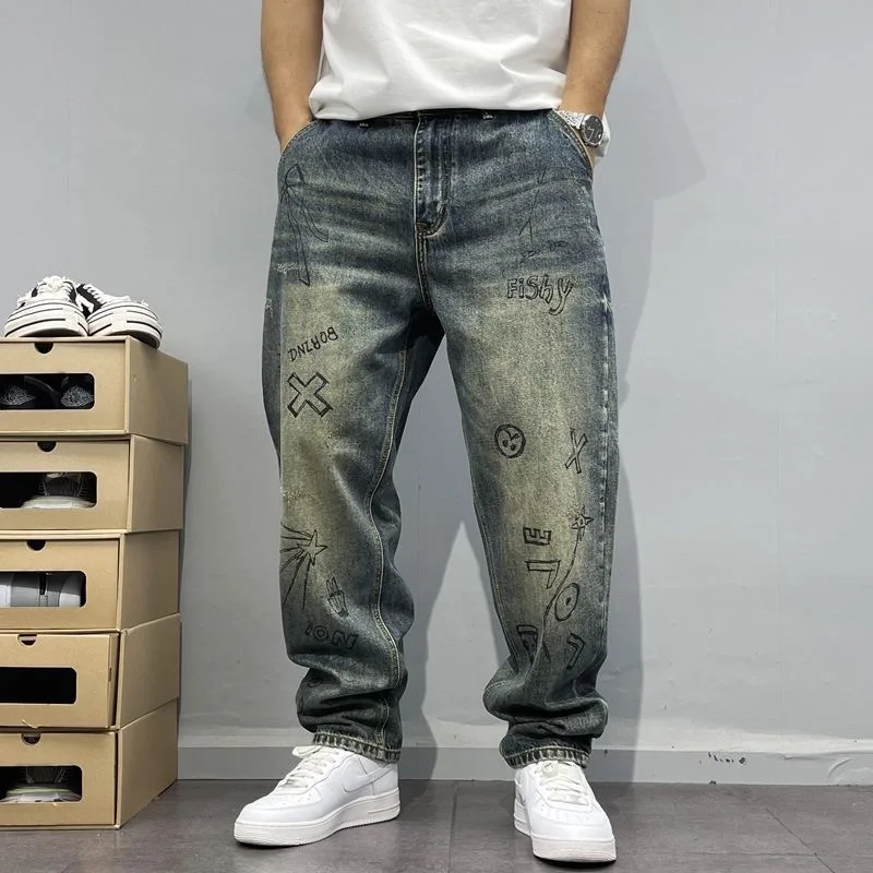 

Spring And Autumn New Fashion Trend Printed Straight Leg Elastic Sports Jeans For Men's Casual Loose High-Quality Denim Pants