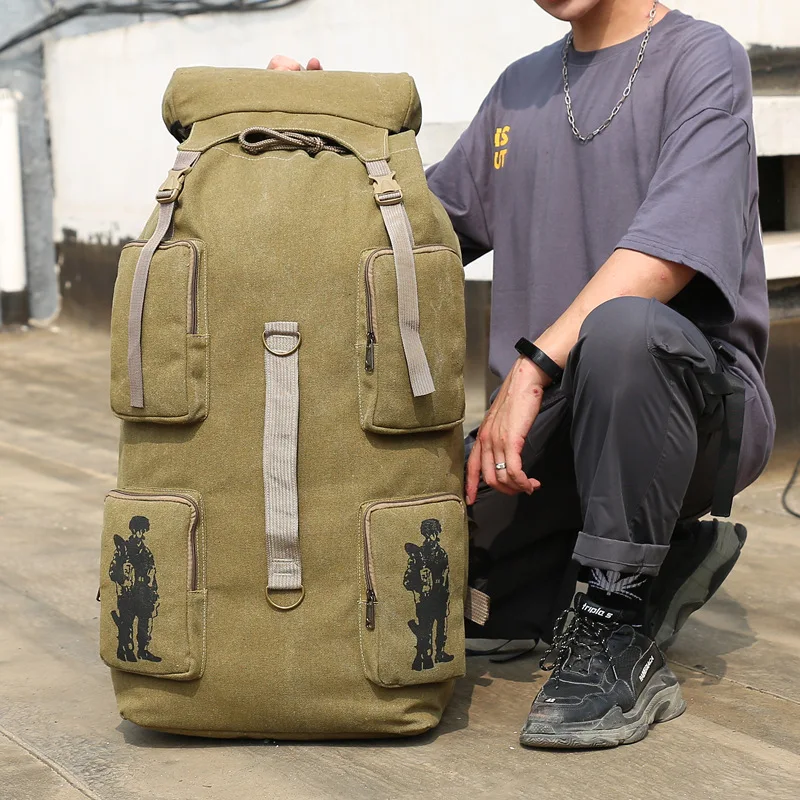 Super Capacity 100 Liters Thick Canvas Men\'s Camping Backpack Retro Fashion Travel Mountaineering Hiking Tactical Bag