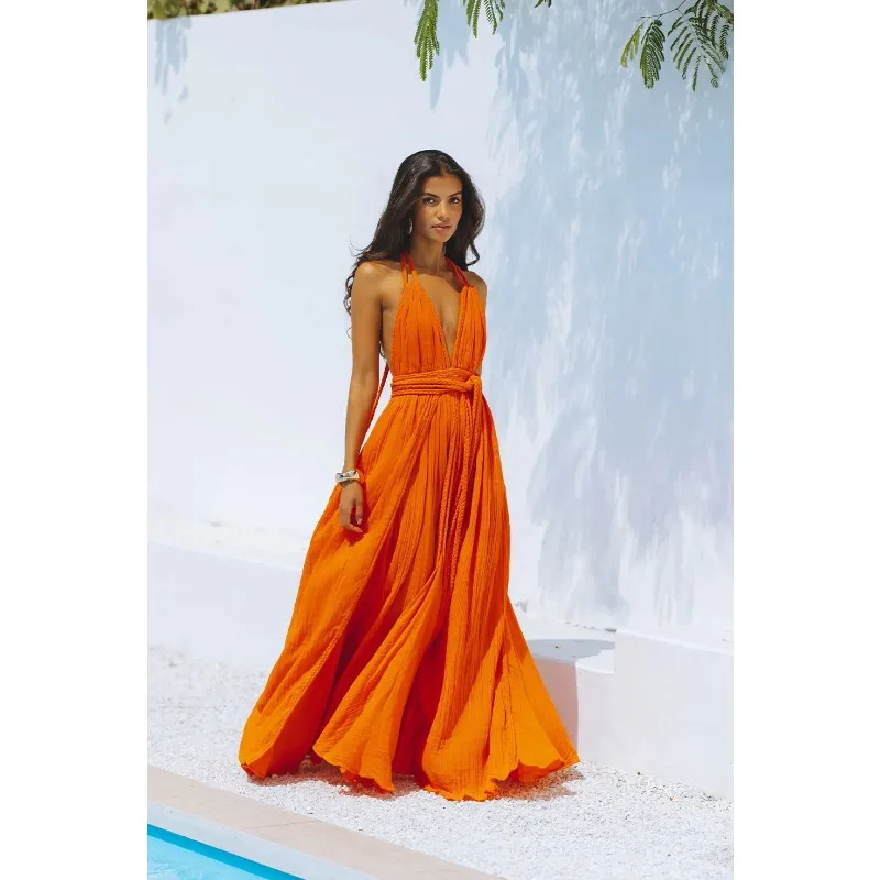 Sexy Summer Women Beach Smock Dress Elegant Y2K Strap V Neck Backless Lace Up Bandage Vacation Holiday Loose Long Dress Sundress