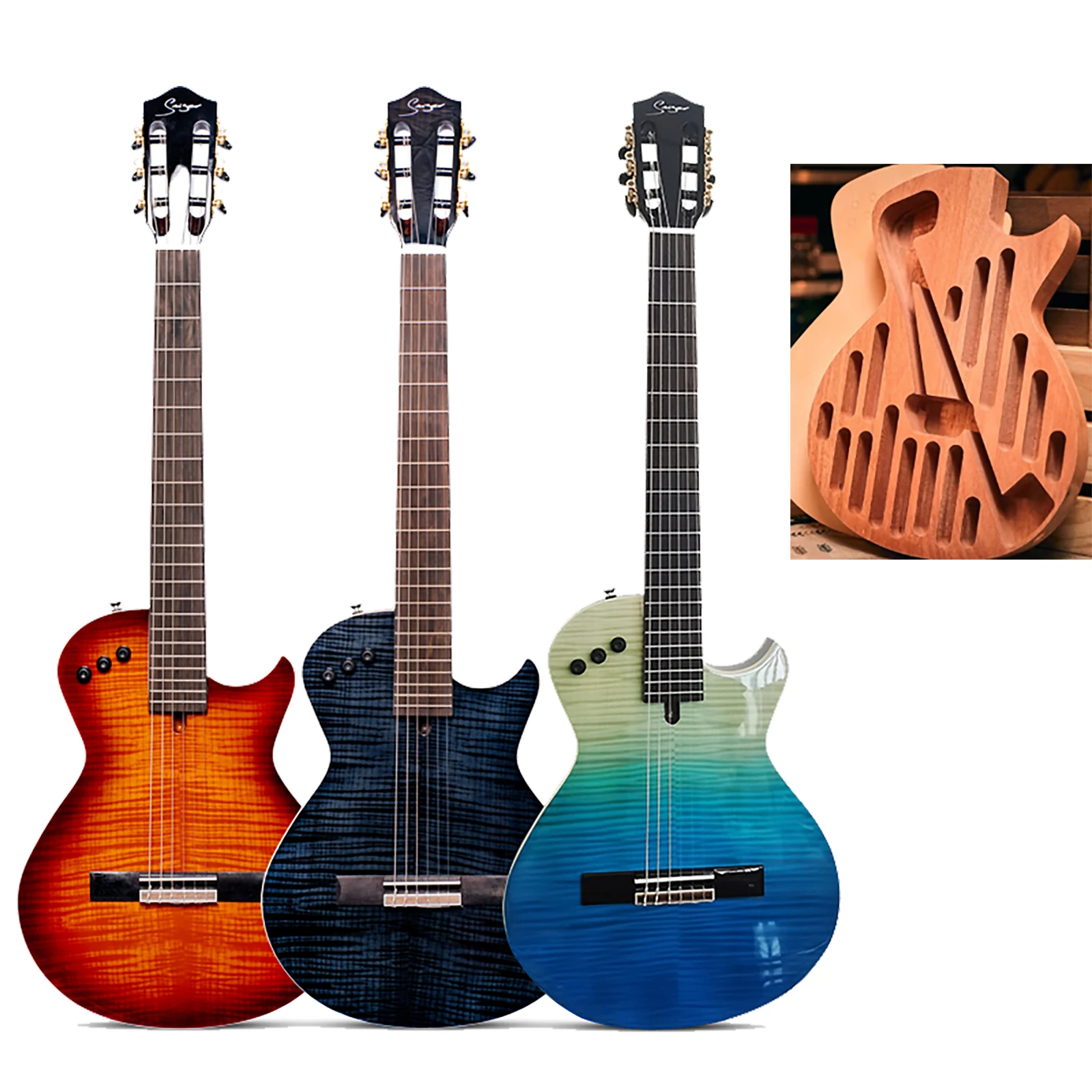 

Portable Electric Guitar with Built-in Effect,Beautiful Sunset Flame Maple,Silent, Nylon String, Travel, Classical, High Quality