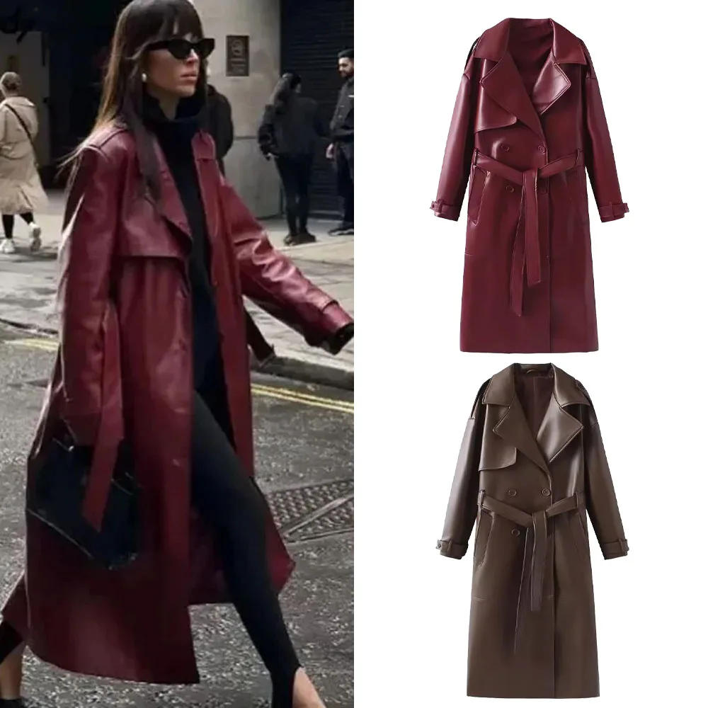 PRINTKAOIR 2024 New Launch Women's Burgundy Faux Leather Coat Retro Fashion With Belt Pockets Loose Extended Overcoat Outerwear