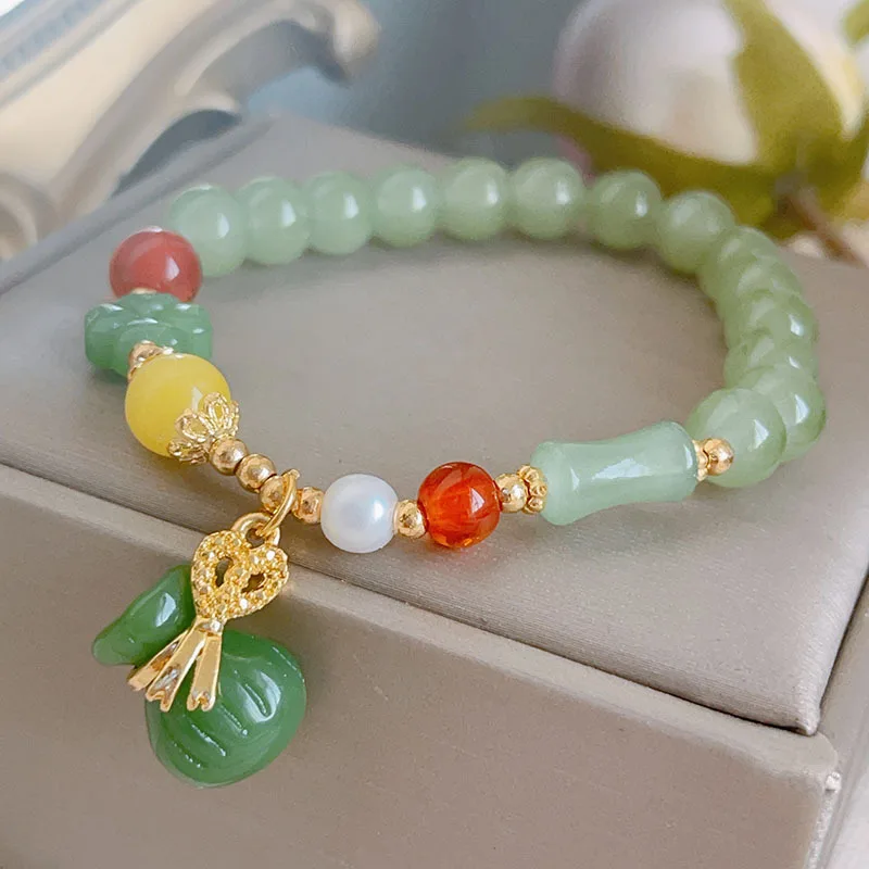 Retro Imitation Green Tongling Glass Bracelet Female Chic Lucky Bag Gourd National Style Beaded Bracelet Girlfriends Bracelet