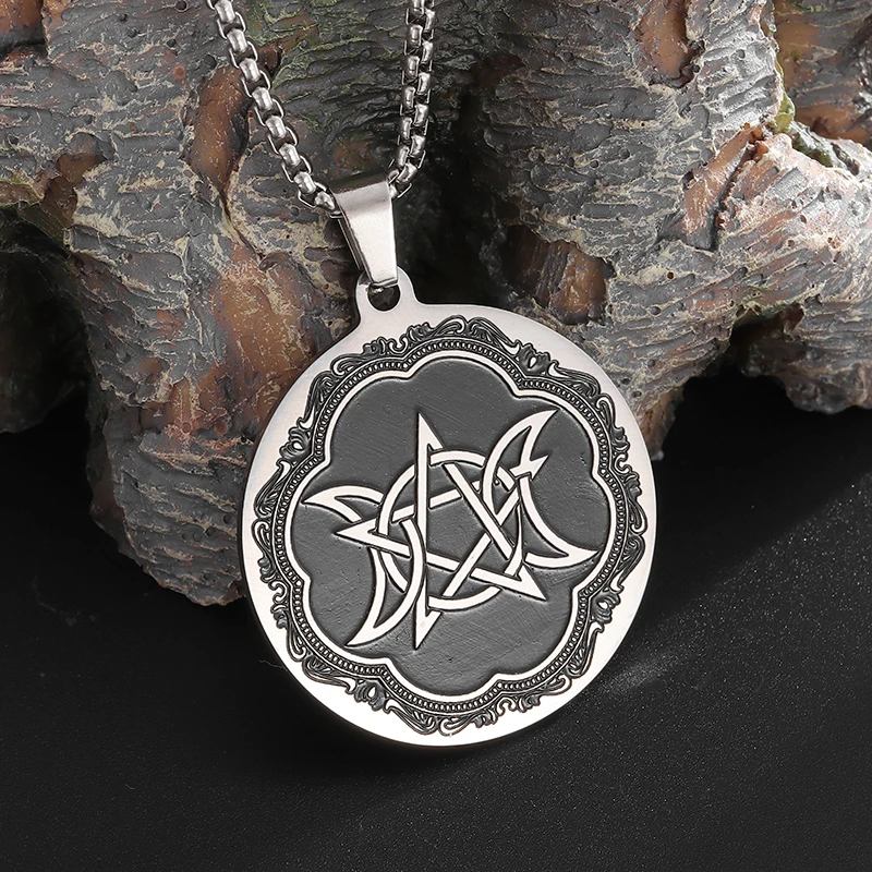 Stainless Steel Chinese Pattern Bottom Double Moon Five-Pointed Star Pendant for Men and Women Good Luck Jewelry Accessories