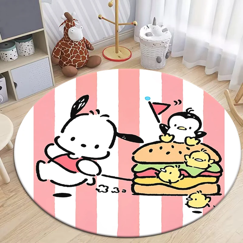 MINISO&Sanrio Pochacco HD Printed Round Carpet for Living Room Bedroom Rugs Camping Picnic Mat Flannel Anti-Slip Rug Yoga Mat