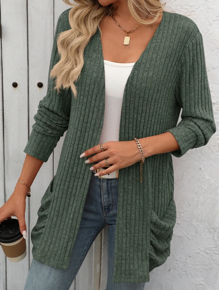 

2025 Autumn Winter Womens Cardigan Fashion Casual Solid Color Pit Stripe Brushed Pocket Cardigan Long Sleeved Jacket for Women