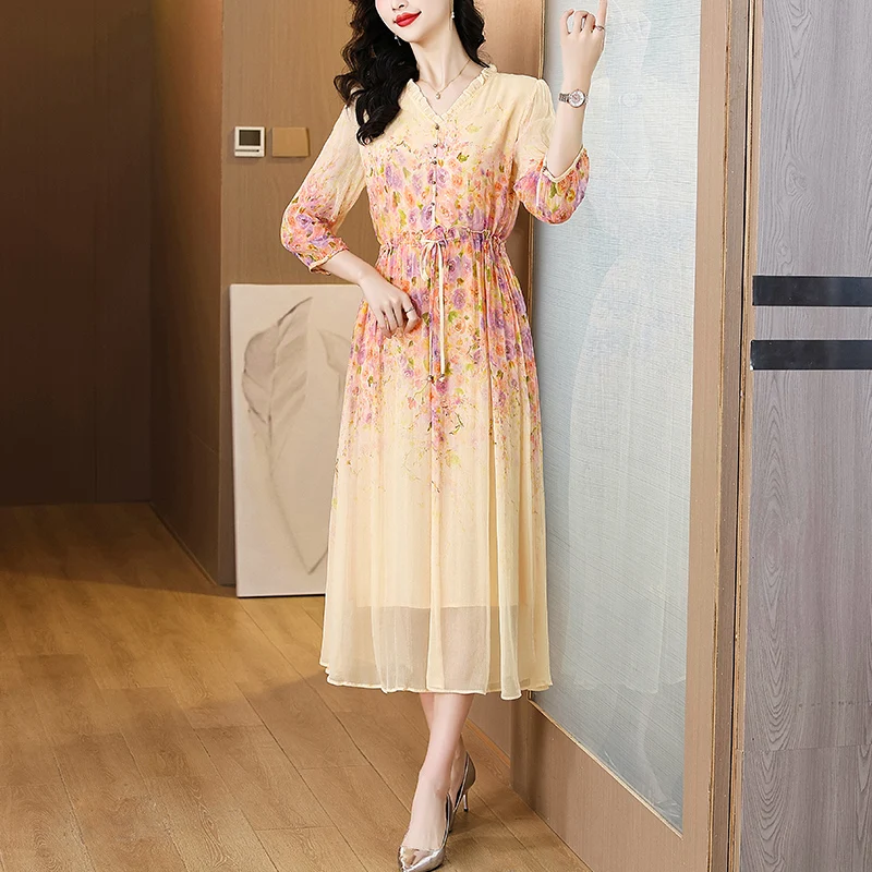 2025, Frühlingsurlaub, Boho, Strandurlaub, Maxi-Kleid für Damen, Vintage-Druck, eleganter Abend, Abschlussball, Sommer, luxuriöses Seiden-Midikleid