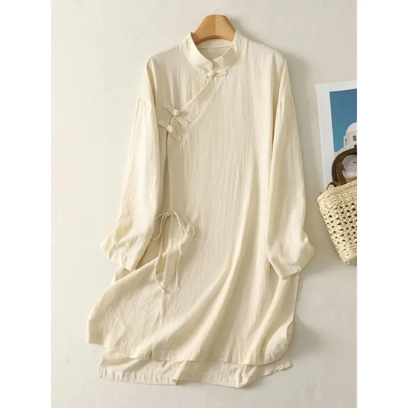 ชุดเดรสผ้าลินินสไตล์จีนสำหรับผ - Casual Loose Linen Shirt Dress บทวิจารณ์และราคา