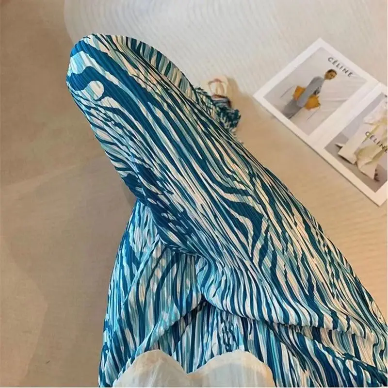 Korean Fashion Versatile Summer Women\'s Clothing Elastic Waist Tie Dye Pleated Casual Simple Loose High Waist Wide Leg Trousers