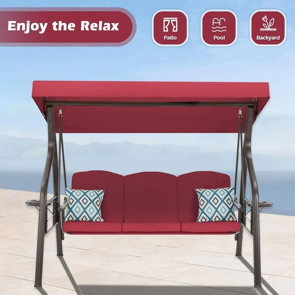

3-Seat Outdoor Porch Swing with Stand, Patio Swing with Canopy, 2 in 1 Porch Swing Bed & Patio Chair for Adult w/Extra Pil