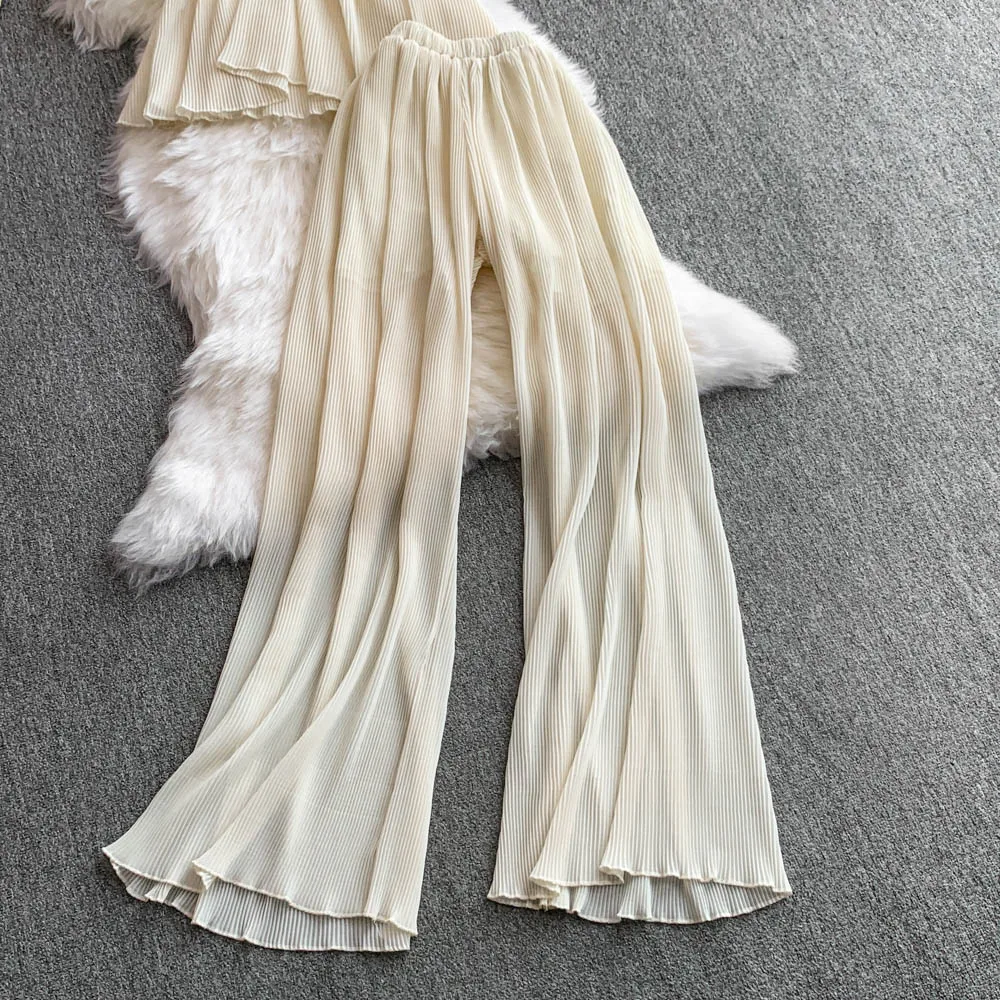 Women Luxury Halter Twist Knot Set Pleated Pants Design Lady Elegant Party Dinner Charming Wedding Honeymoon Beach Vacation Suit