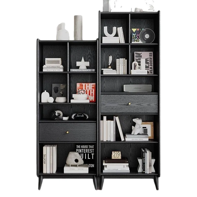 Bücherregal aus massivem Holz, schwarzes Retro-Bücherregal aus Eichenholz, leichtes, luxuriöses mittelalterliches Wohnzimmer, amerikanische Vertikalschrankvitrine,
