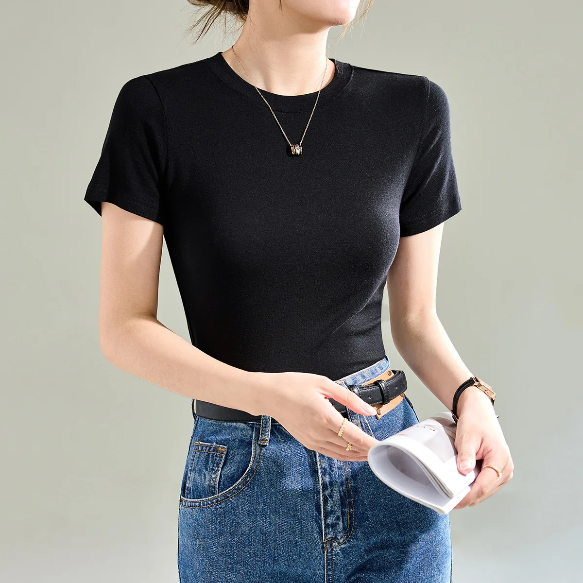 Wool Tens Laisel Round Neck Shoulder T-shirt for Women High Quality Summer New Slim and Gentle Atmosphere Top