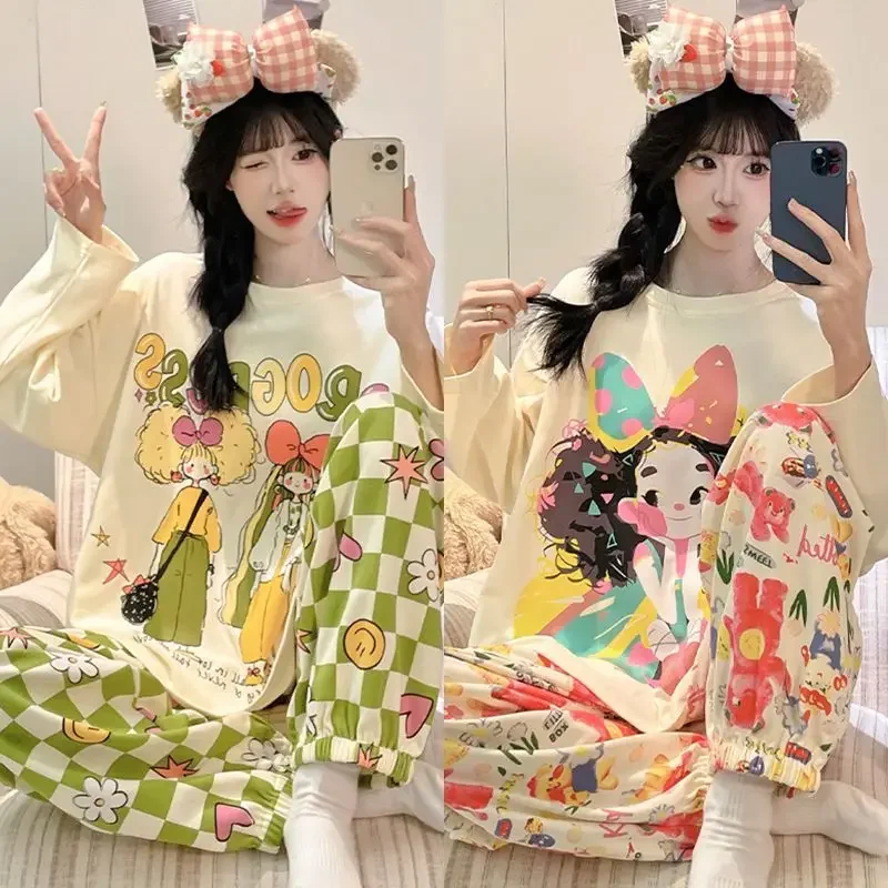 

[Two Sets of Prices] Women's Long-sleeved Loose and Cute Ins Two-piece Set Loungewear Spring and Autumn Casual Pajamas Underwear
