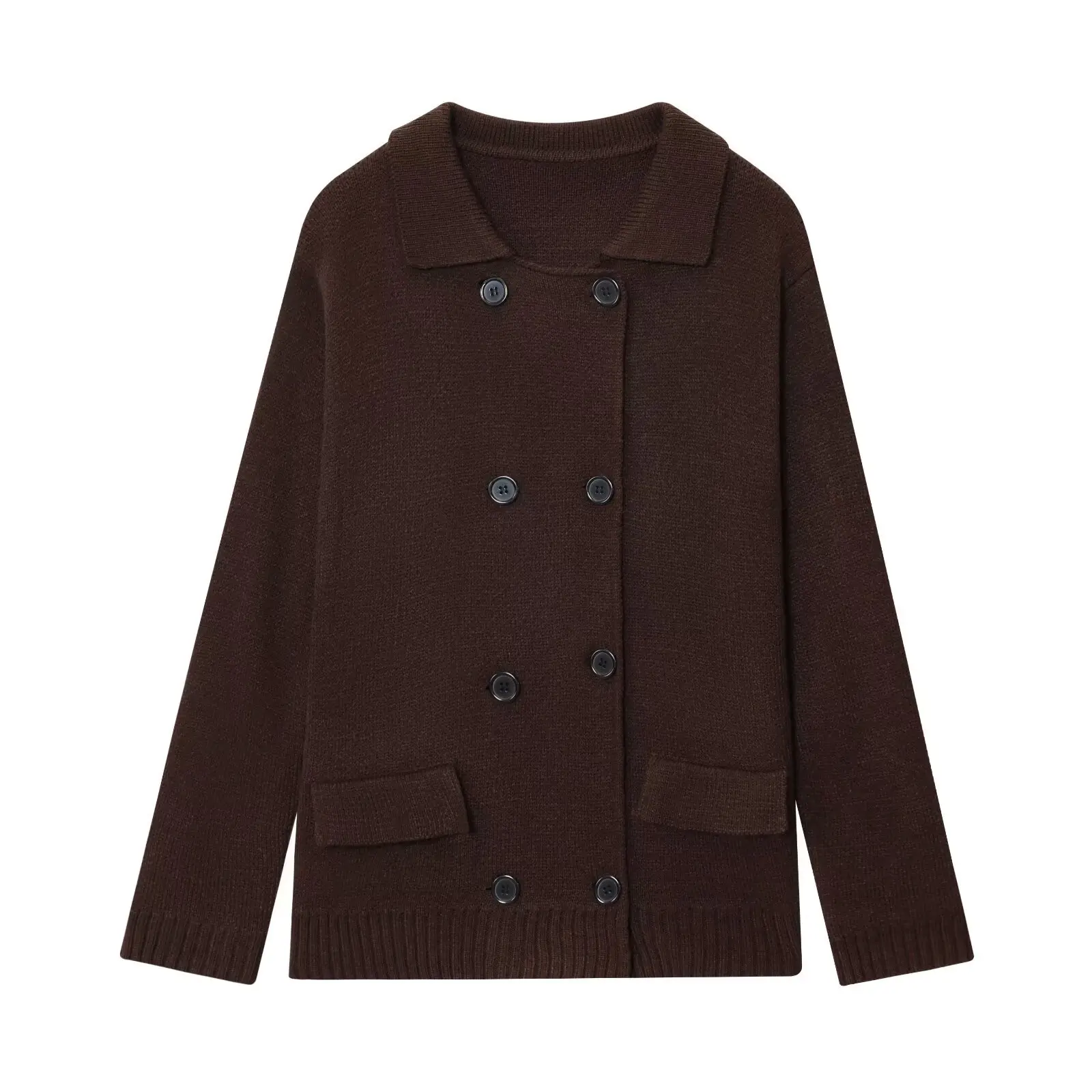 

Woman's Loose Knitted Cardigan Lapel Double-breasted Solid Color Elastic Hem Mid-length Cardigan All-match Early Autumn Top