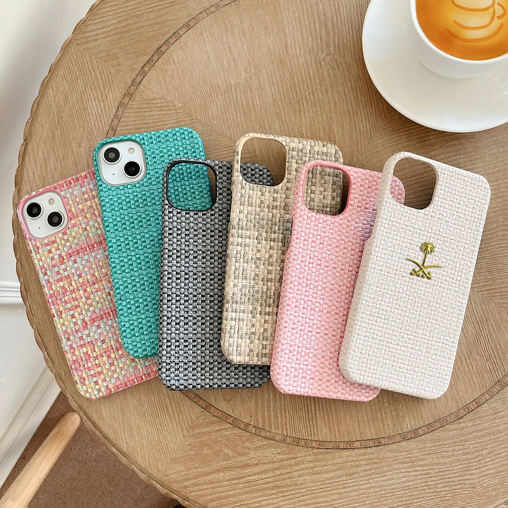 Luxury Retro woven pattern metal coconut tree Phone Cover Case For Iphone 16 15 14 13 12 11 pro max PU leather hard Coque Fundas