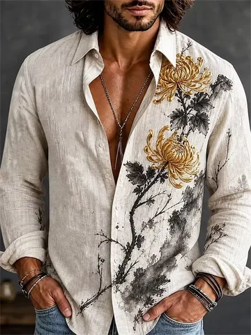 New Retro Patchwork Koi Vintage Shirt Fabric Collage Chinese Style Personalized Men's 3D Printed Long Sleeved Shirt
