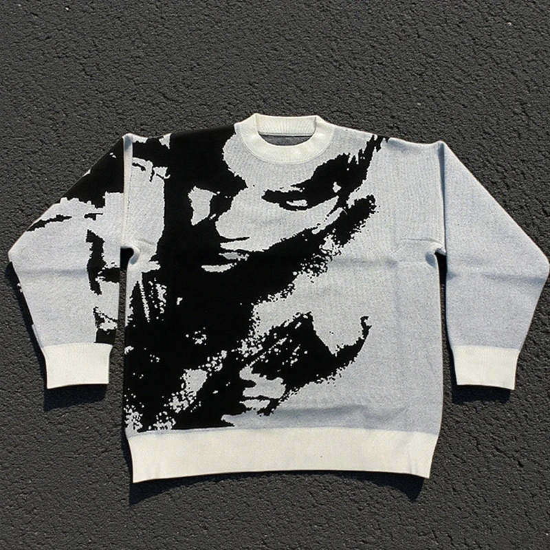 

New emo unisex Y2K streetwear pattern knitted sweater - retro black white portrait autumn and winter warm sweater top