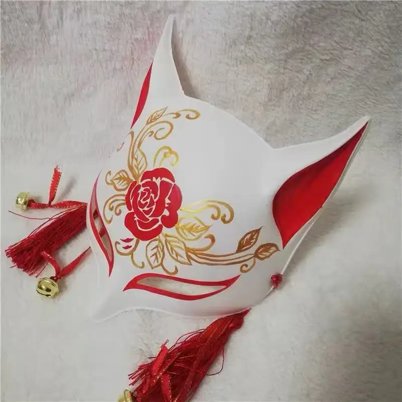 Japanese Anime Fox Mask PVC Hand-Painted Half Face Cat Mask With Tassels Bell Halloween Masquerade Party Festival Cosplay Prop