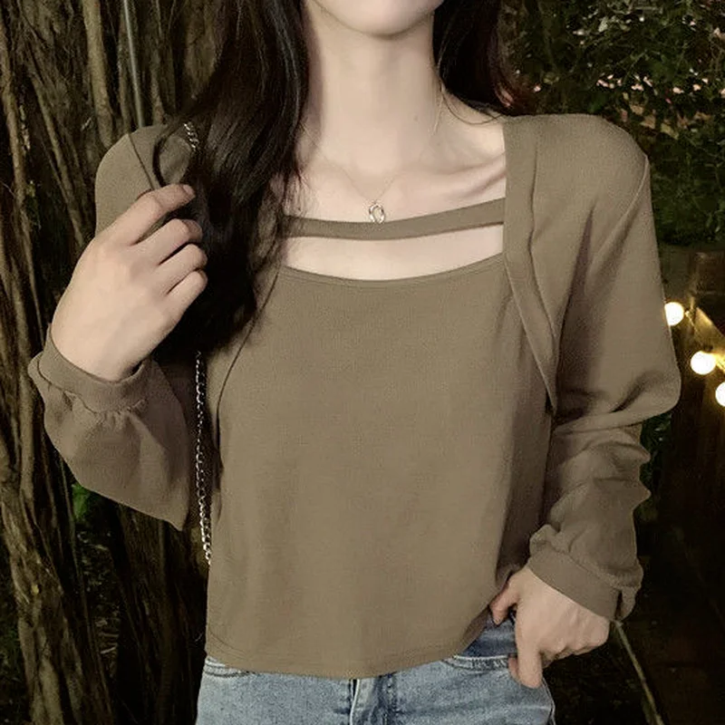 Camisetas de manga larga para mujer, moda coreana, ropa de primavera, Tops de nuevo estilo para mujer, camiseta sencilla con cuello cuadrado, camisetas informales lisas 2021