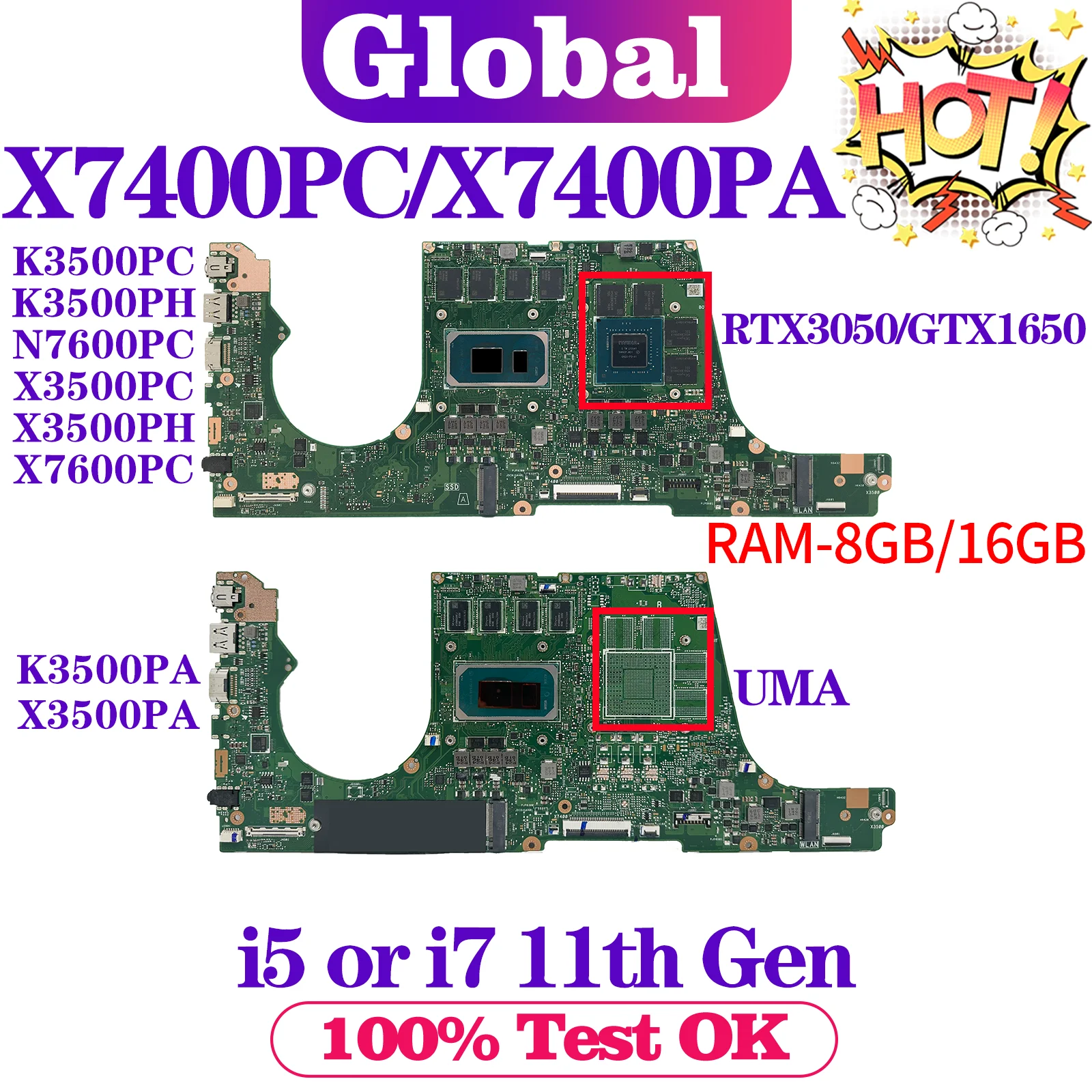 Laptop Motherboard Mainboard, X7400PC, N7600PC, X7600PC, X3500PC, X3500PA, X3500PH, V3500P, X3400PC, X3400PA, K3500PC X3400PH