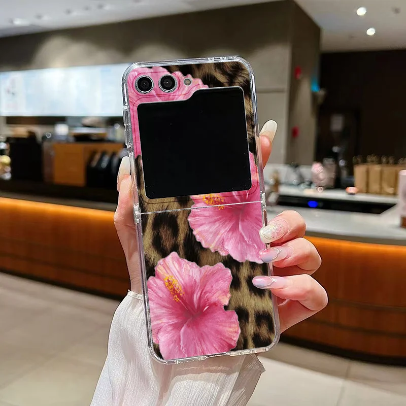 Retro Pink Hibiscus Flower Leopard Print Phone Case for Samsung Galaxy Z Flip 7 Flip6 5 4 3 5G Folding Cover for Z Flip7 Flip 5