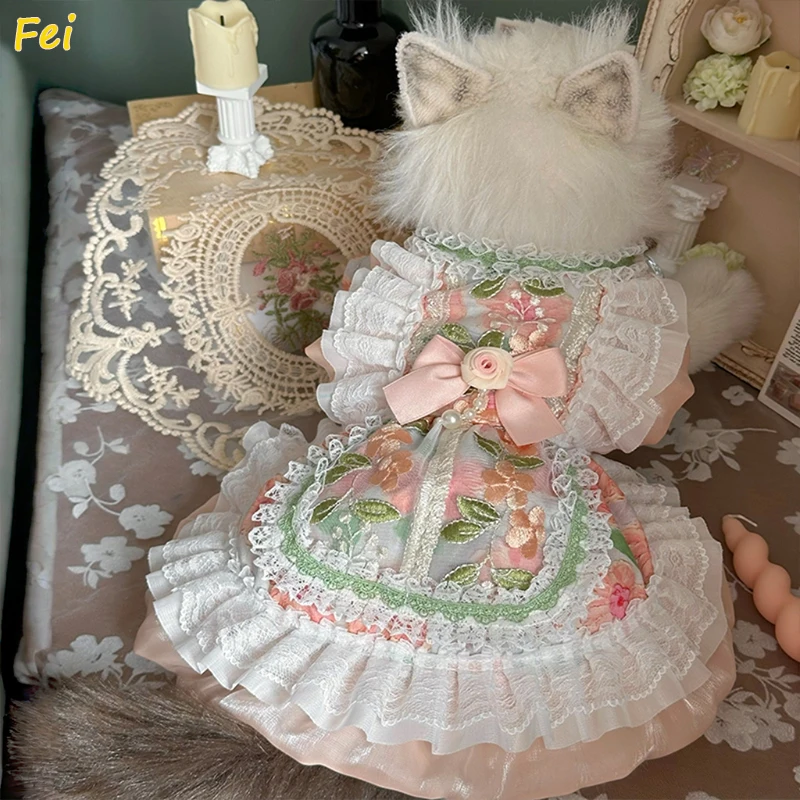 

2025 Lolita Puppy Dress - Handmade Crystal Lace Bow Skirt, Flower Print Cotton Dog Coat for Poodle Bichon, Casual Summer Gown